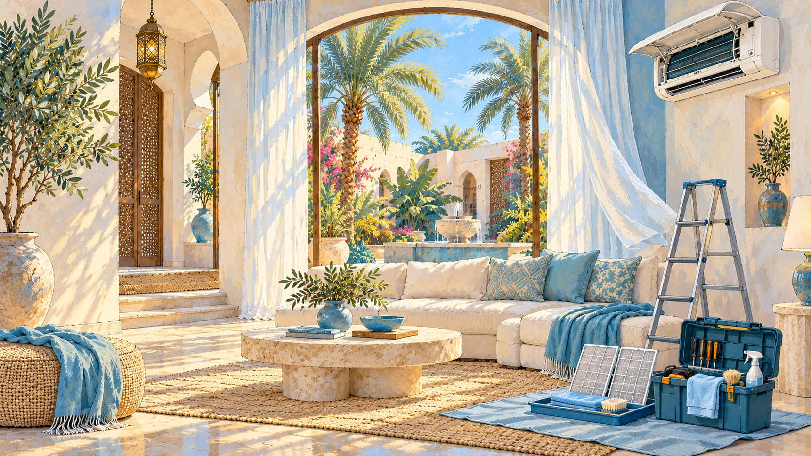 A split AC unit opened for cleaning, with fresh filters and a toolbox in a bright living room
