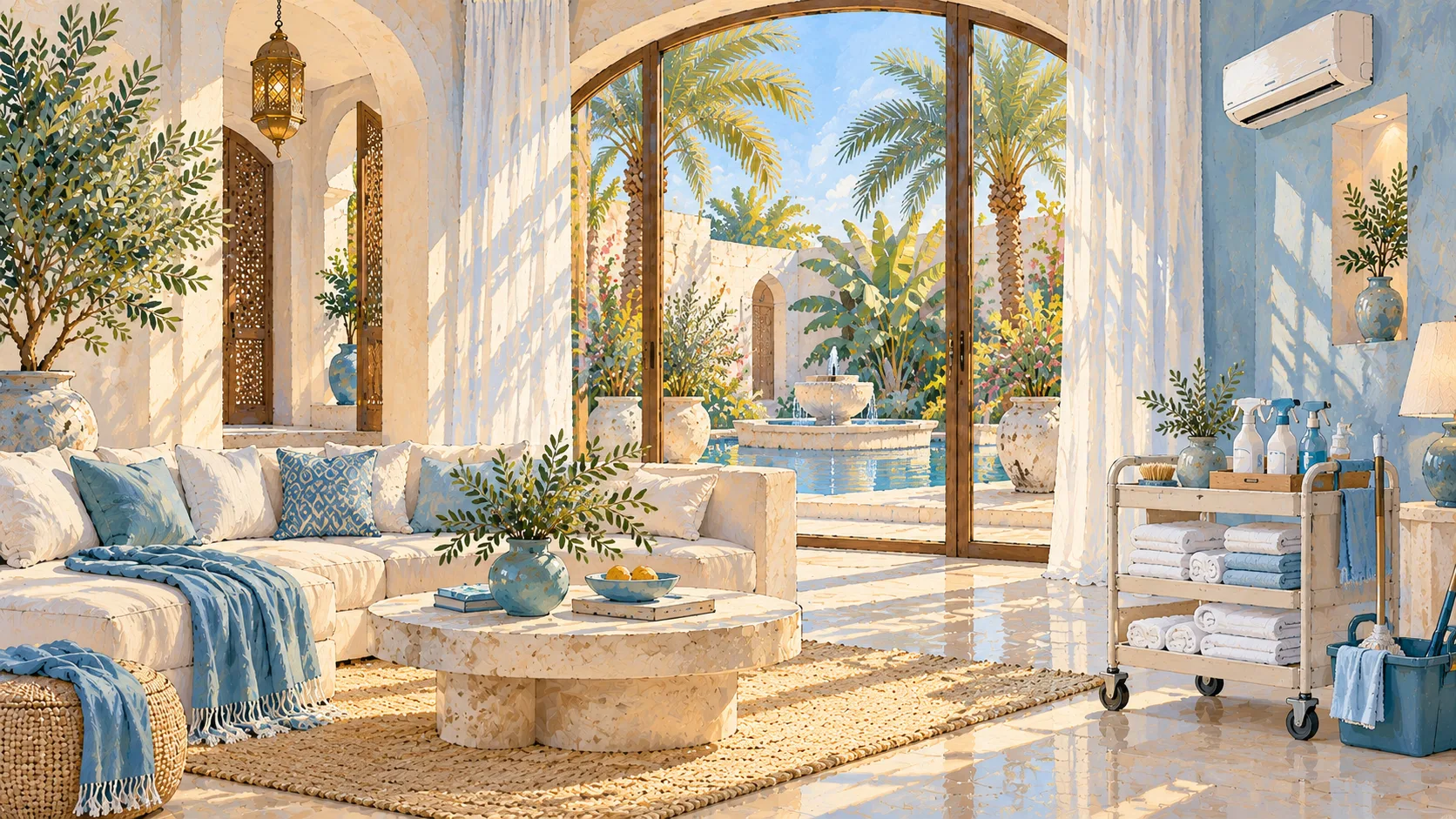 A freshly cleaned villa living room, with folded towels on the cleaning trolley
