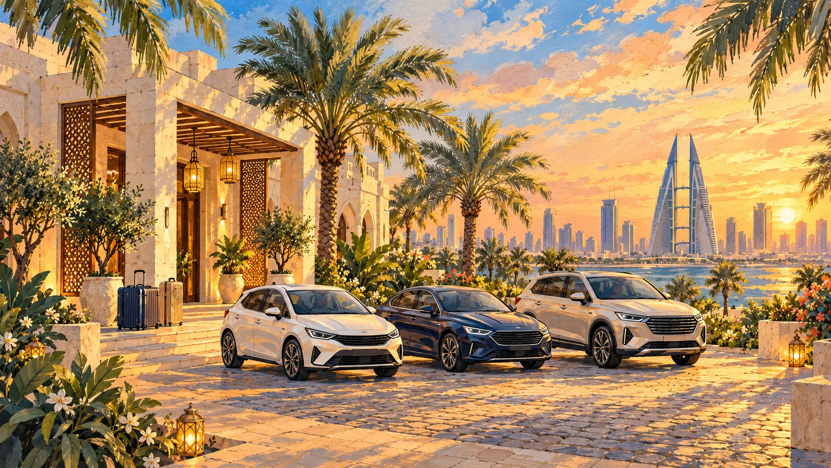 Three rental cars on a lantern-lit courtyard at sunset, with the Bahrain World Trade Center across the bay