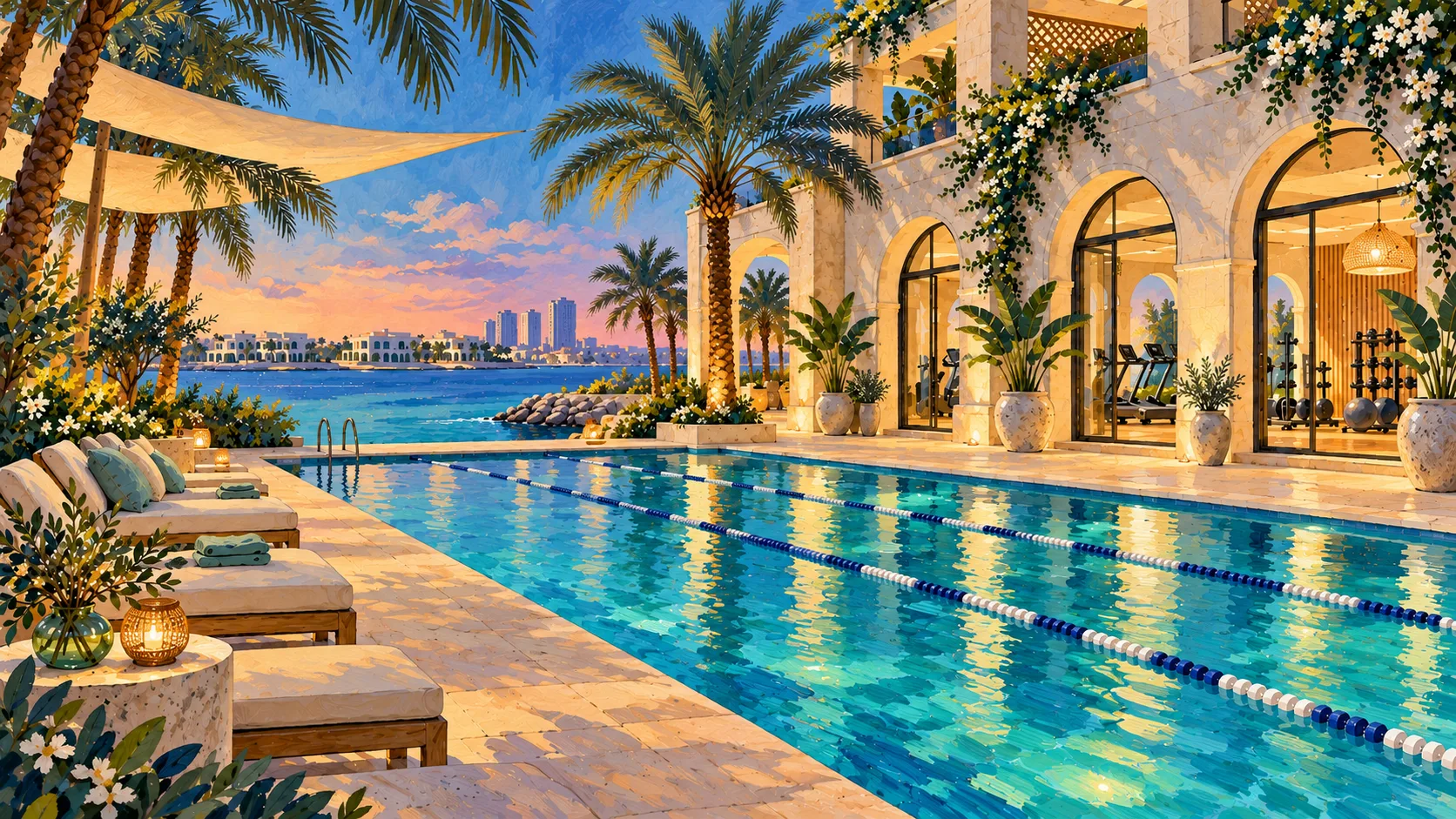 The club's lane pool at sunset, with loungers along the deck and the gym lit up behind its arches