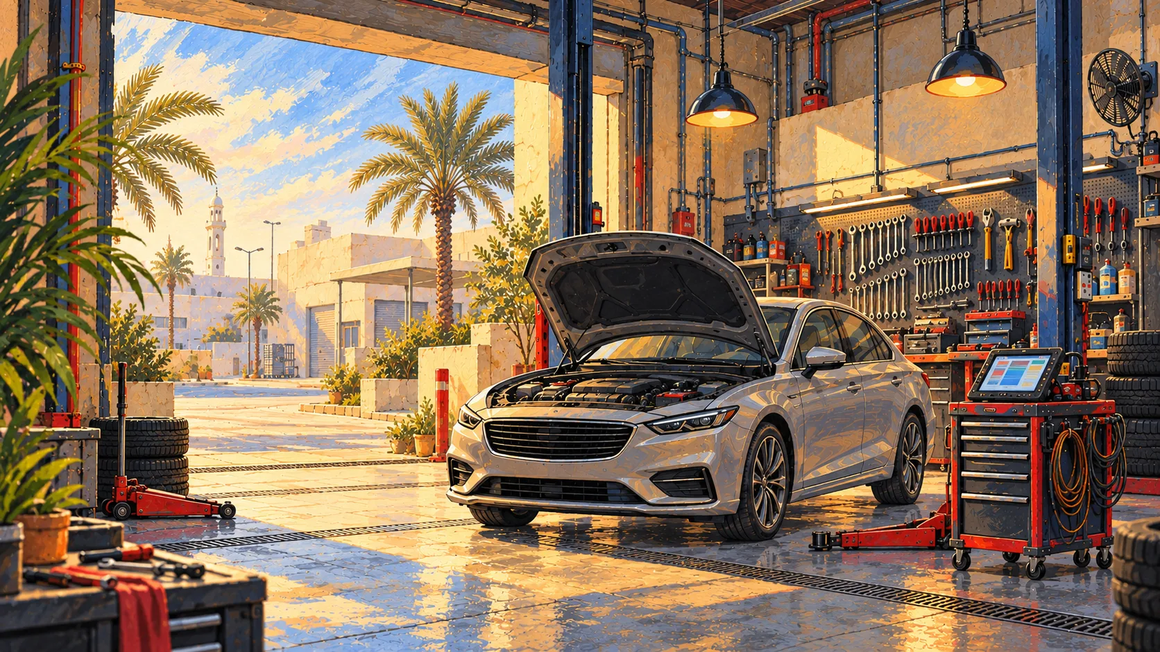 A silver saloon with its bonnet up in the workshop, the street bright beyond the open door