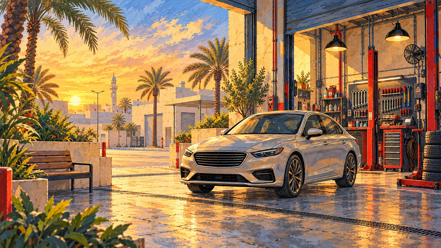 A freshly serviced car waiting outside the workshop at sunset