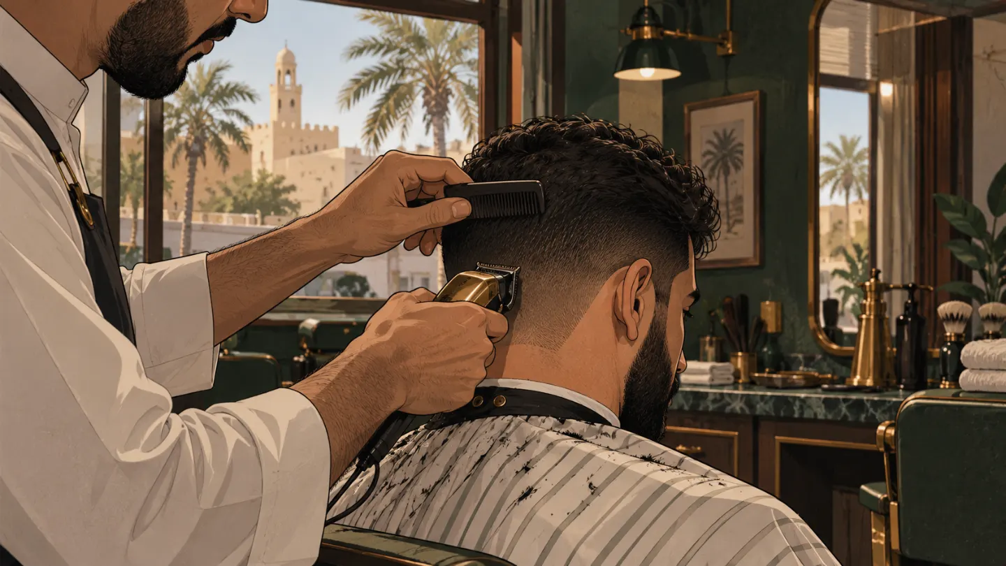A barber fading a client's hair with clippers and a comb