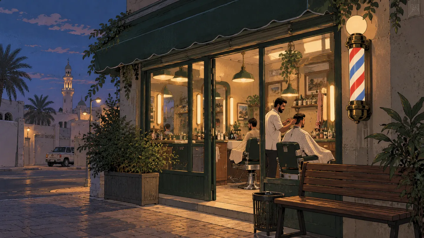 The shop lit up at dusk, with the barber pole by the door