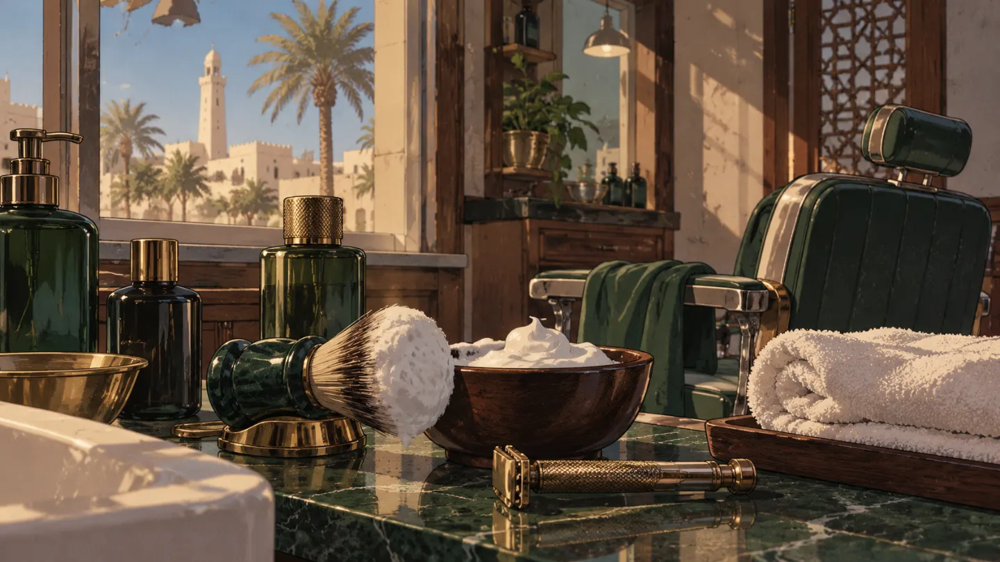 A shaving brush, a bowl of cream and a safety razor on green marble