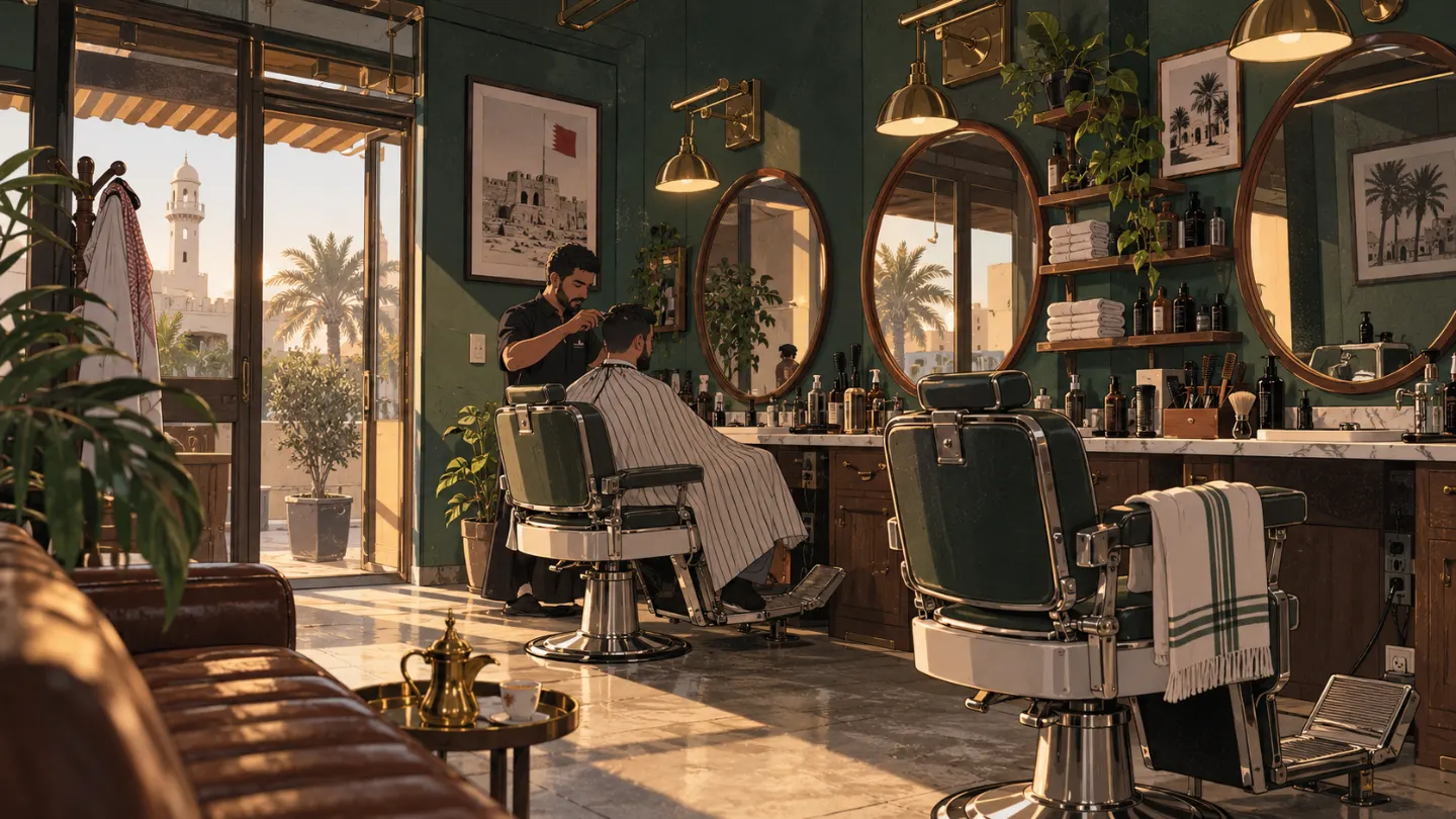 Two green barber chairs facing round brass mirrors, with tea on the side table
