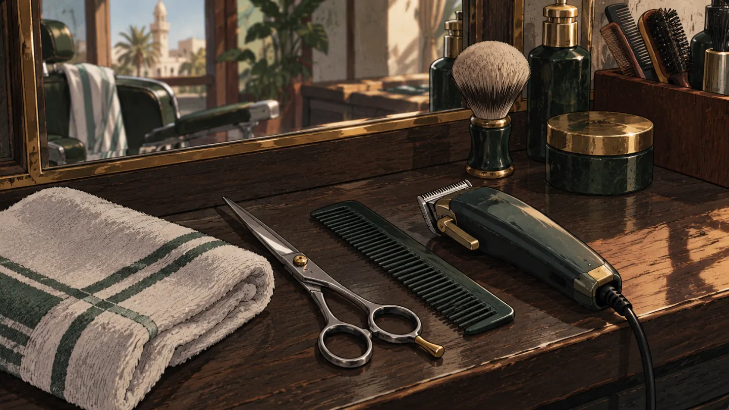 Scissors, a comb and clippers laid out by the mirror