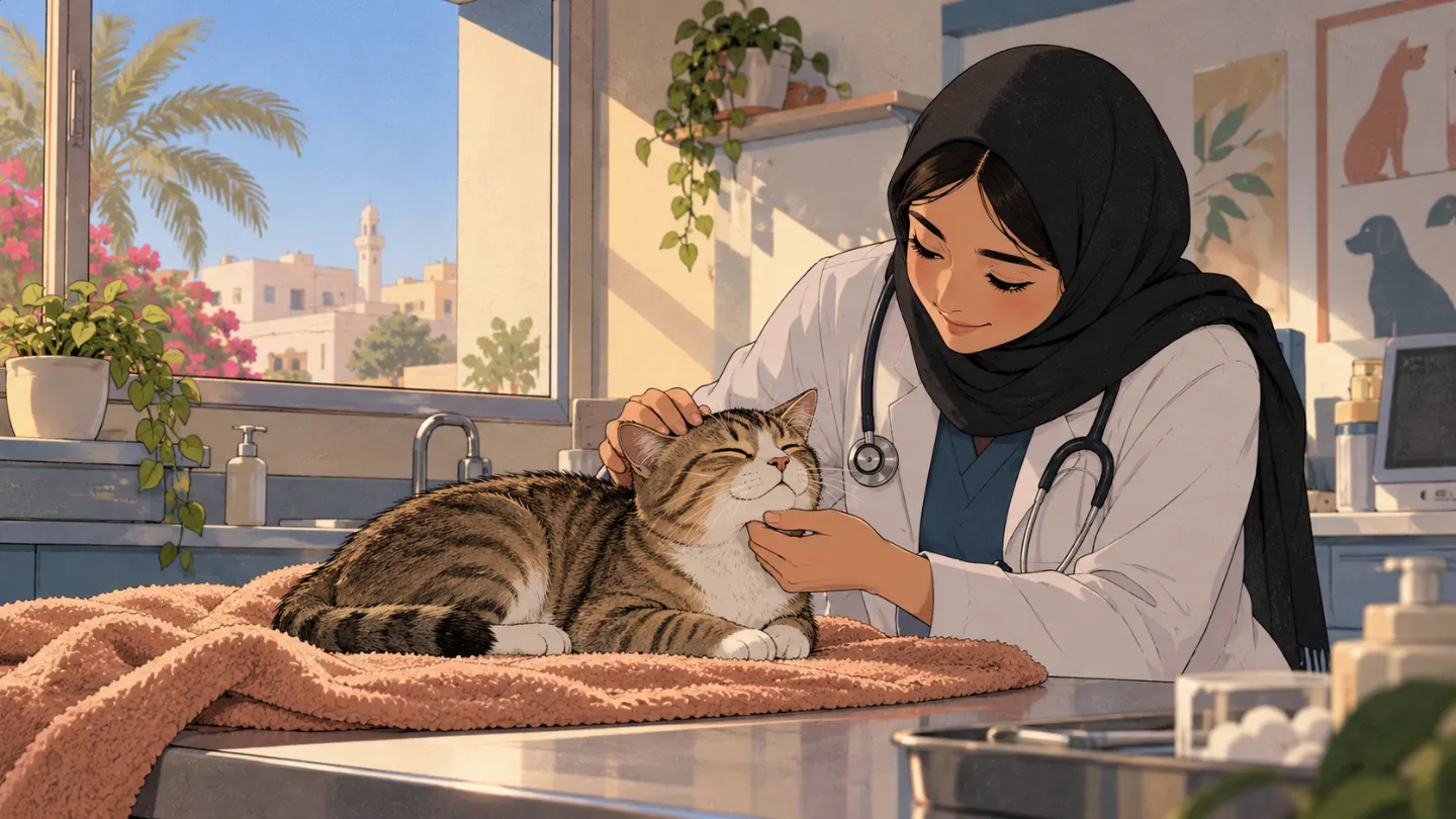 A vet stroking a tabby cat lying on a warm blanket