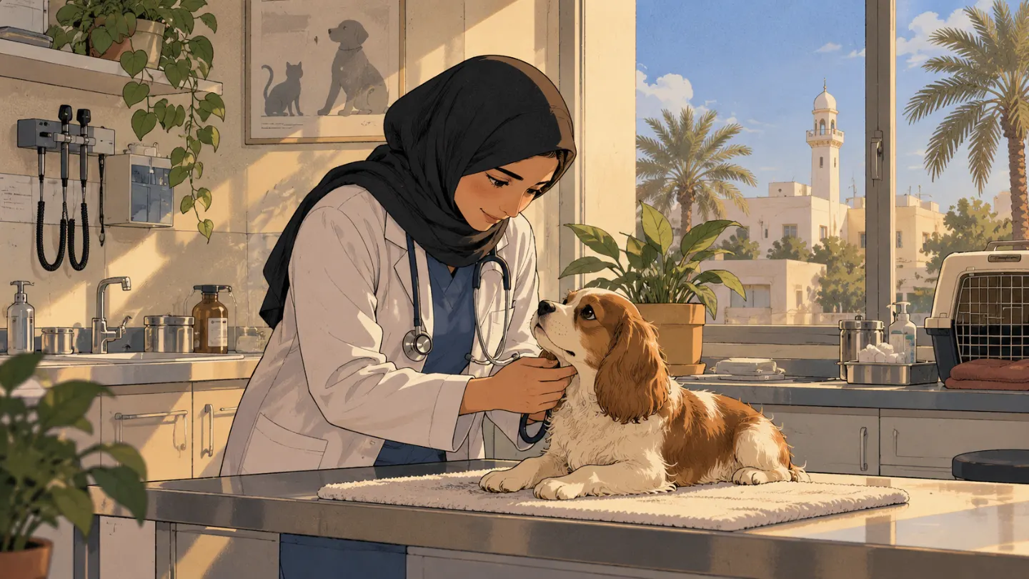 A vet checking a spaniel's ears on the consulting table