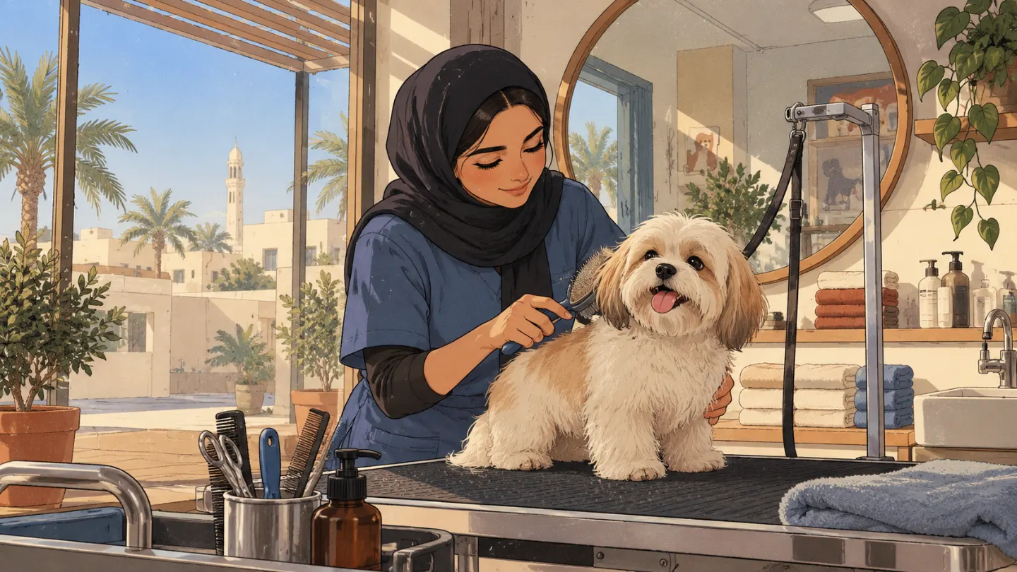 A groomer brushing a fluffy dog on the grooming table
