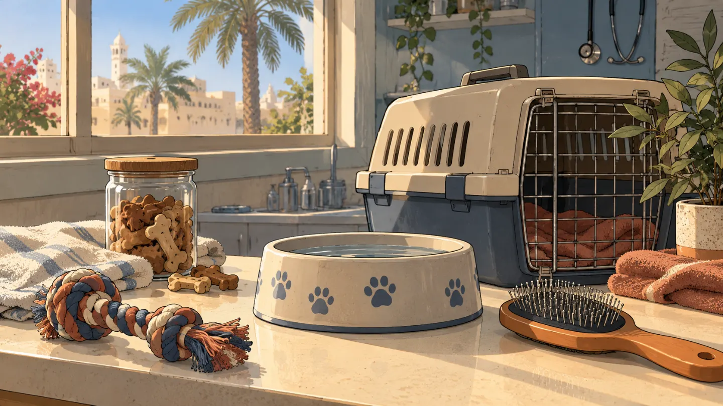 From the pet shop: treats, a water bowl, a brush and a travel carrier