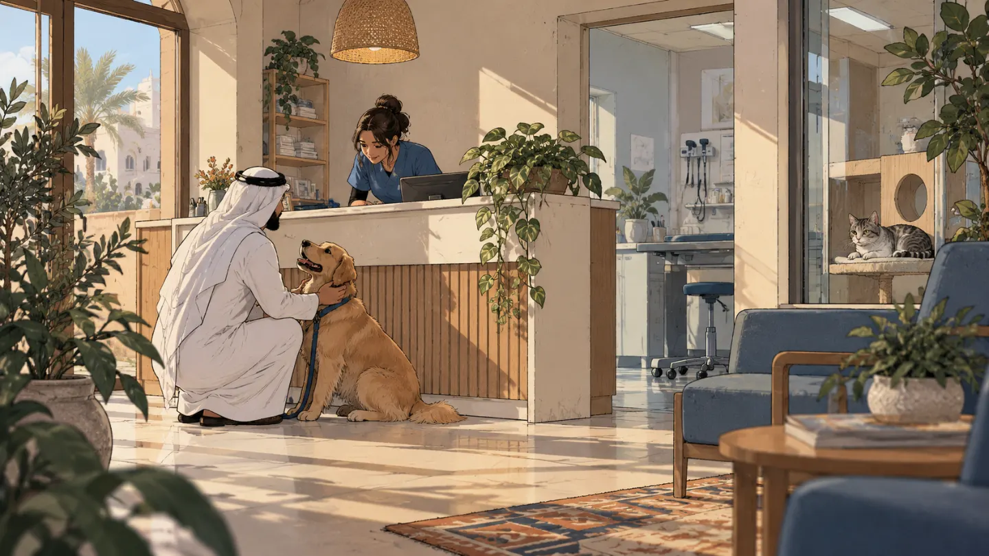 Reception, where a golden retriever greets its owner by the desk