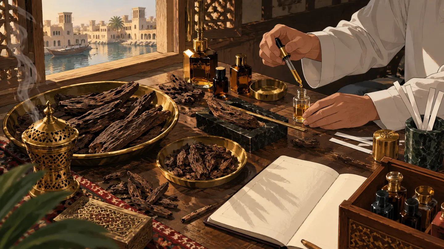 A perfumer measuring oil with a dropper beside bowls of oud chips