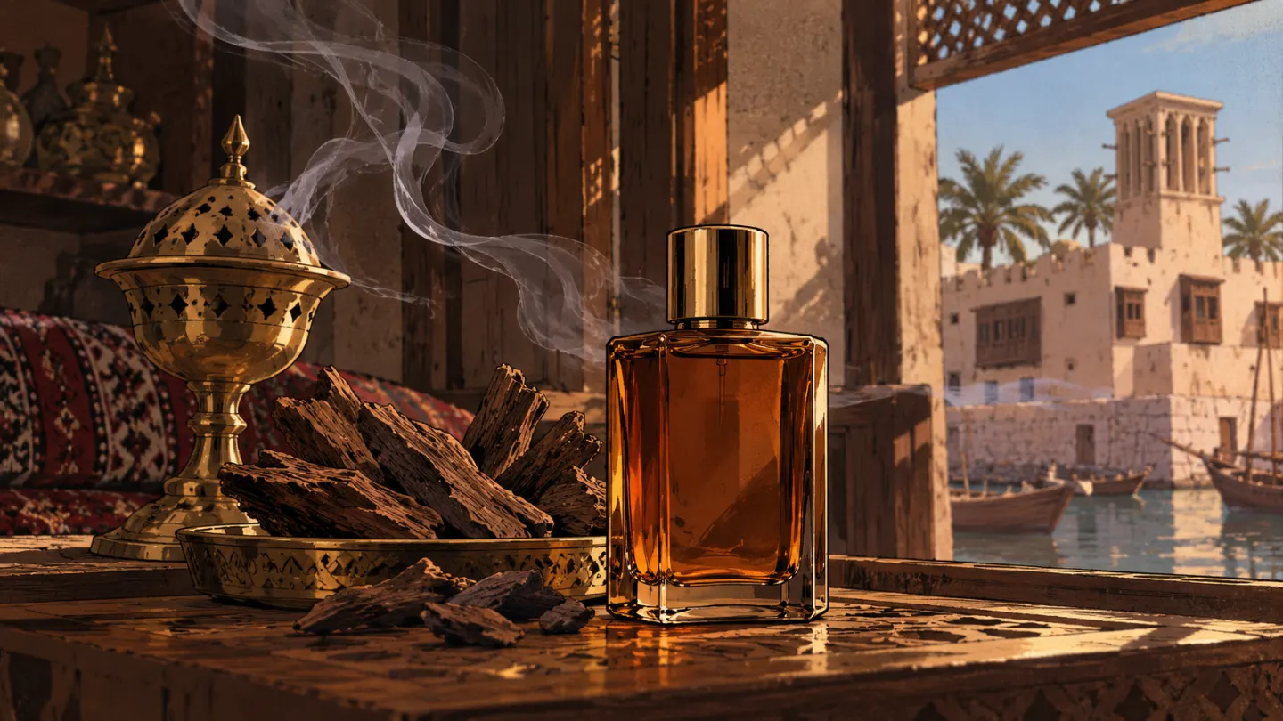 A bottle of amber oud perfume beside a brass burner