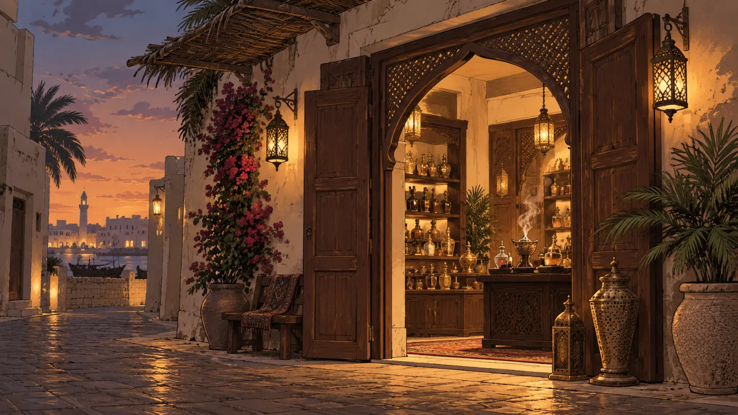 The shop on the Pearling Path at dusk, lanterns lit and the doors open