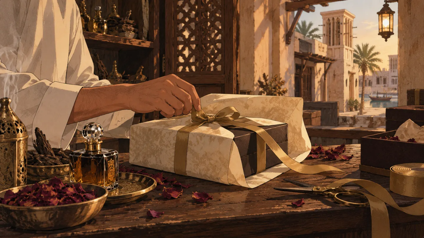 A gift box being wrapped in cream paper with a gold ribbon