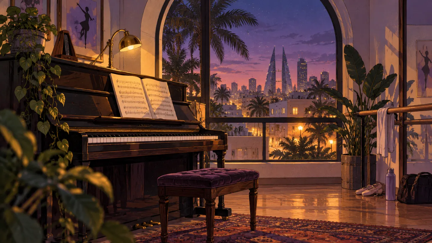 The upright piano by the arched window in the evening