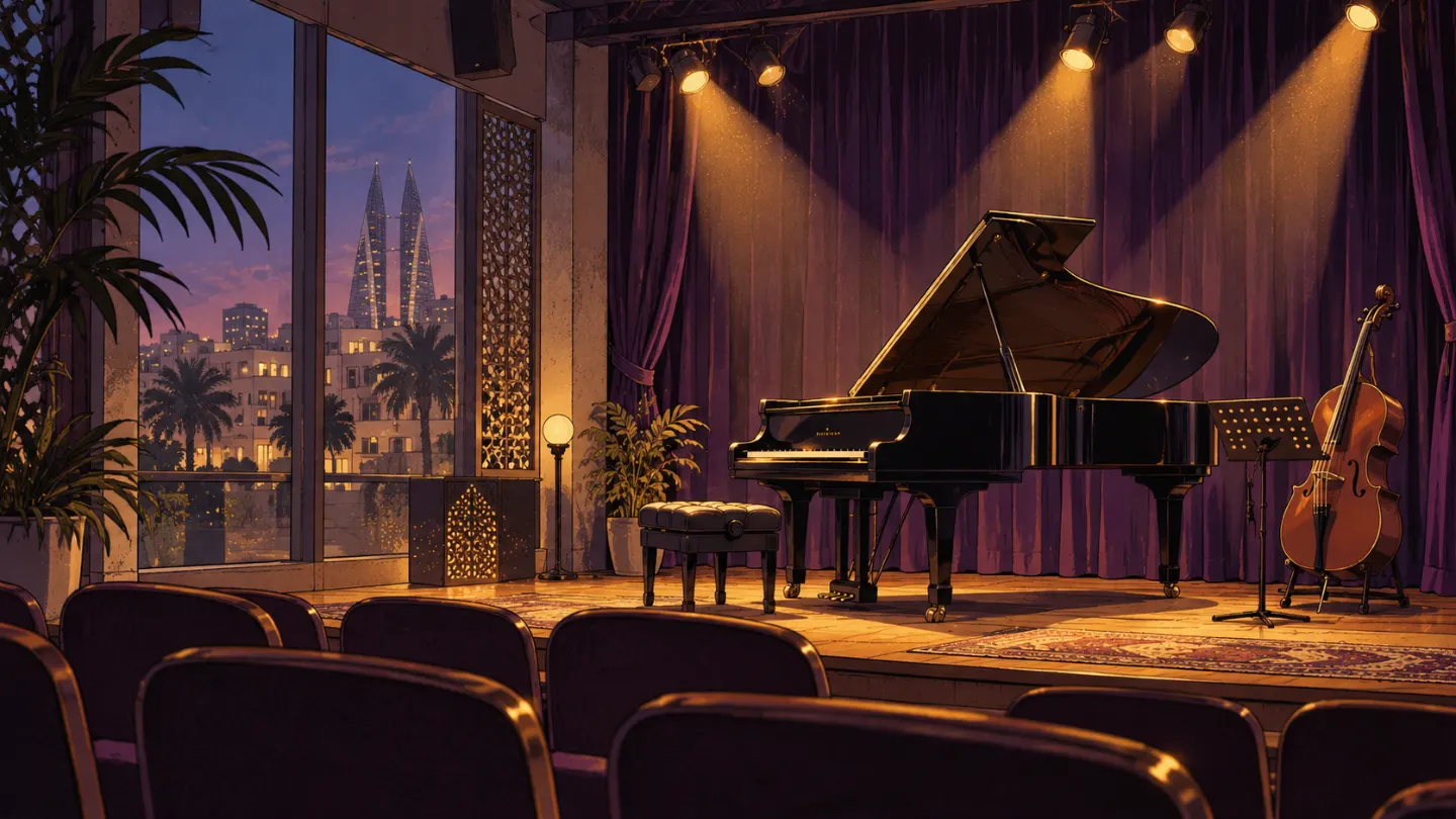 The stage set for the recital, with a grand piano and a cello under spotlights