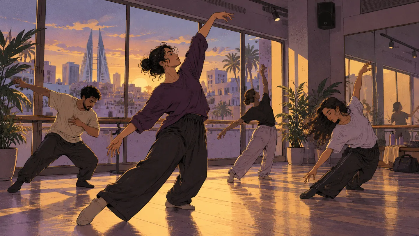 A contemporary class mid-rehearsal in Studio A at sunset
