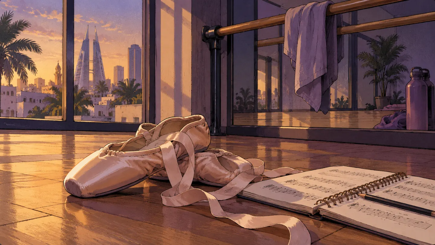Pointe shoes and sheet music on the studio floor