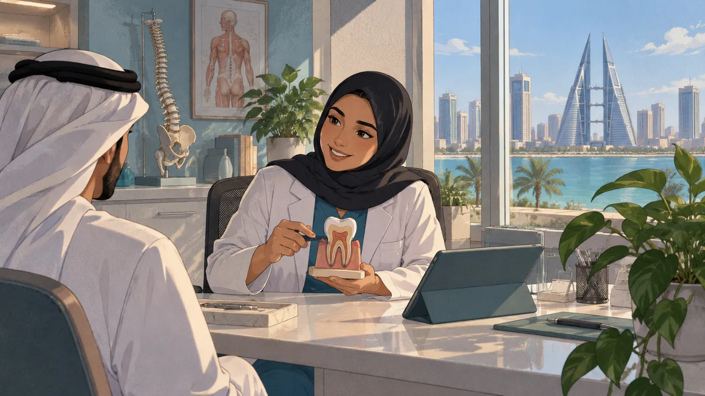 A dentist explaining a tooth model to a patient across the desk