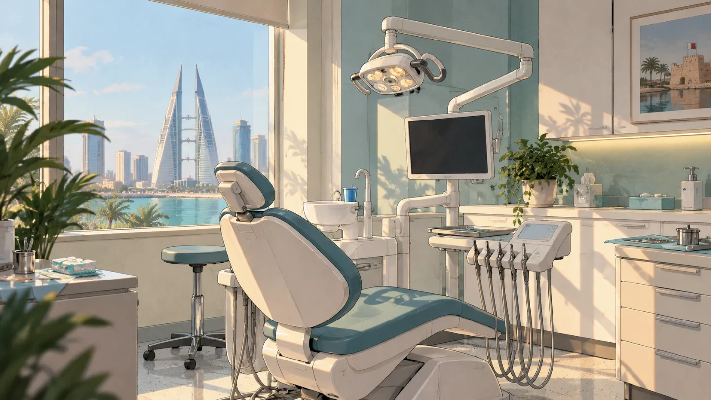 A treatment room with a dental chair beside the window