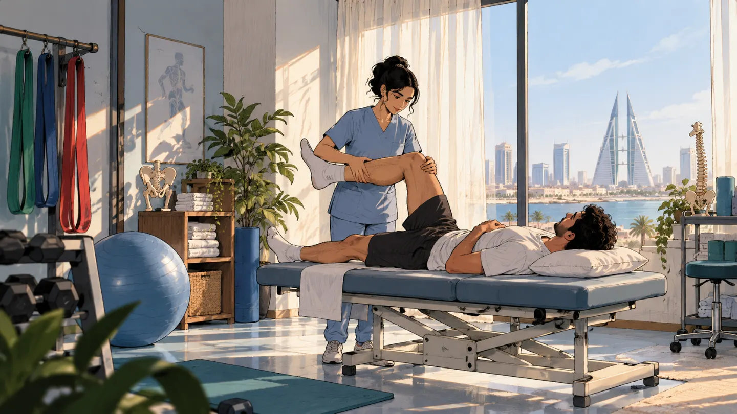 A physiotherapist stretching a patient's knee on the treatment table