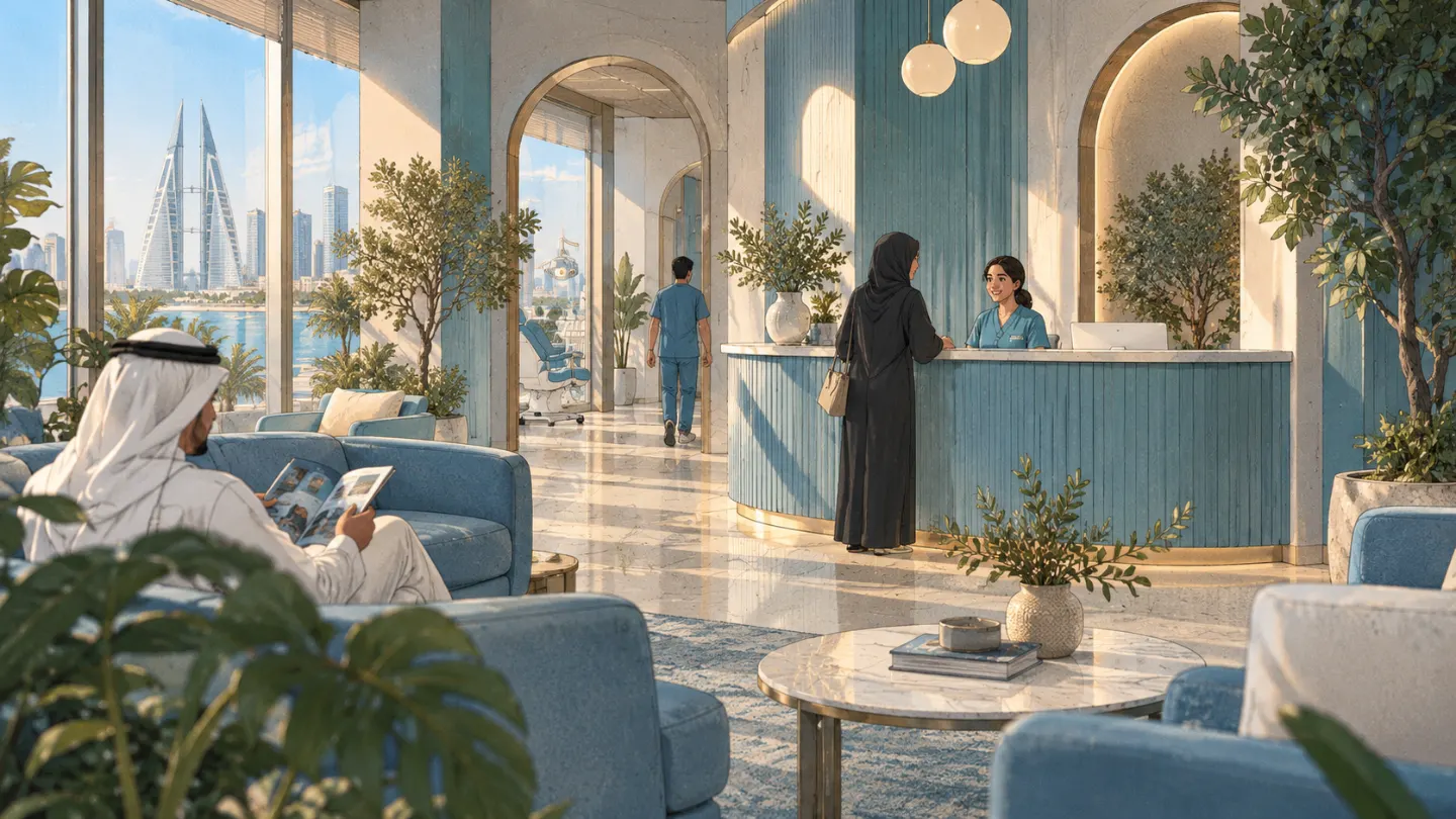 The reception desk and waiting area, with the bay outside the windows