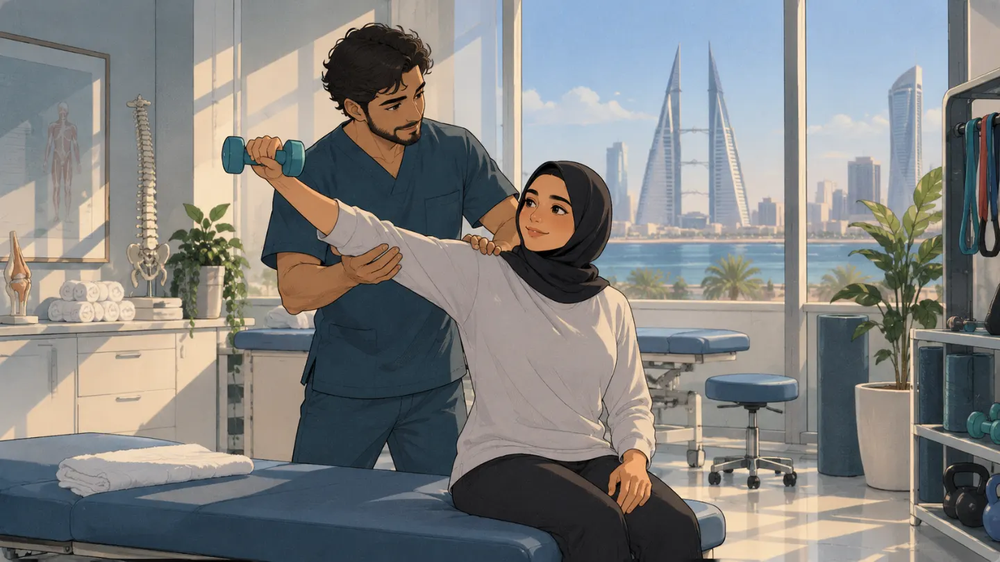 A physiotherapist guiding a shoulder exercise with a light weight