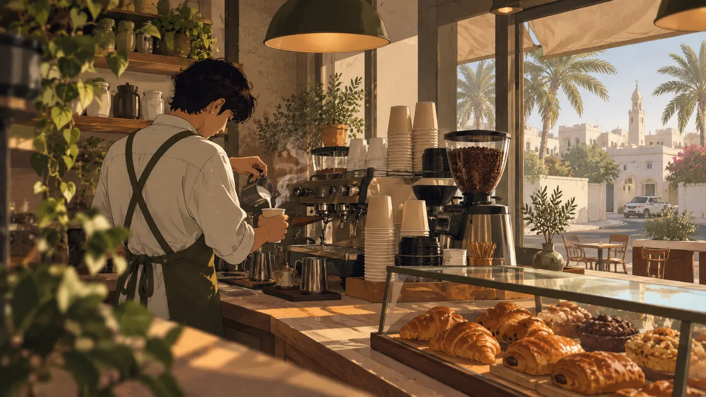 A barista pouring milk at the counter, with croissants in the case