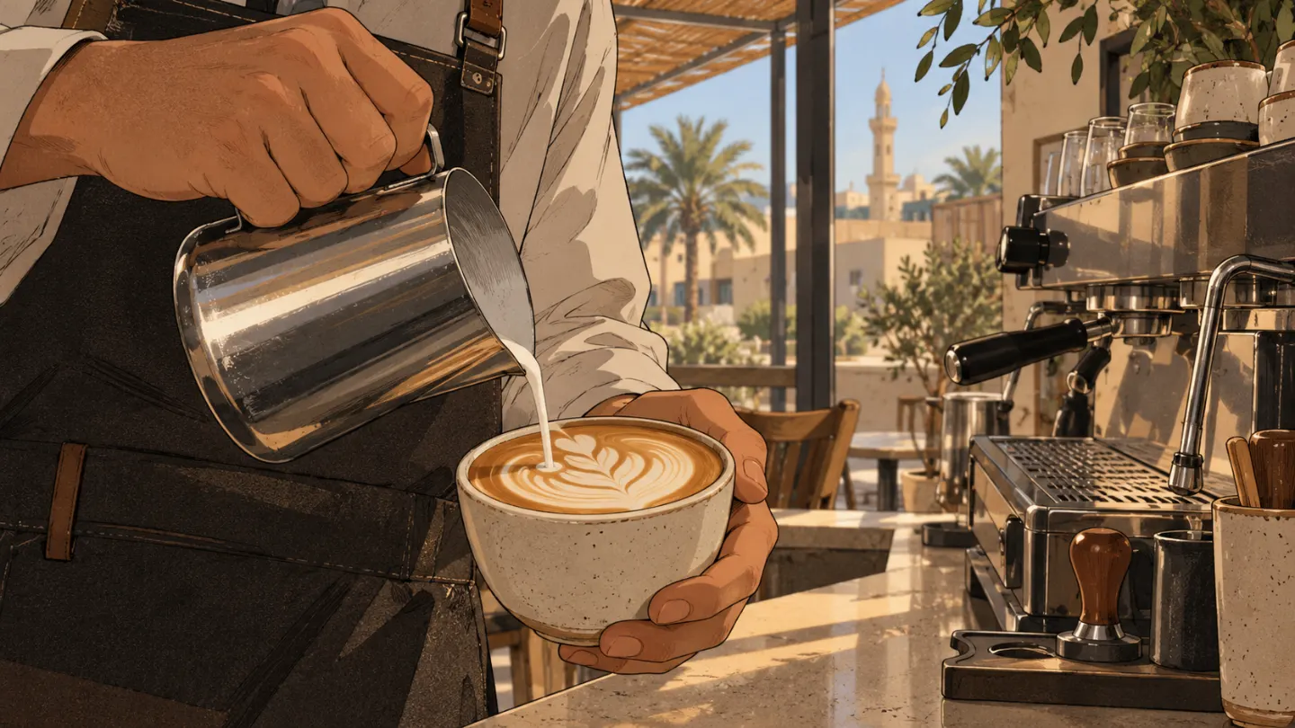 Latte art being poured into a speckled cup