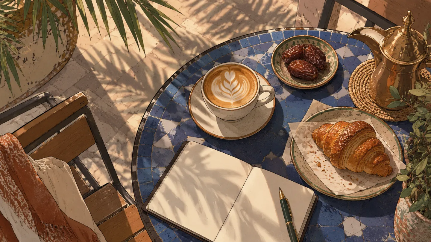 A flat white, dates and a croissant on a mosaic table