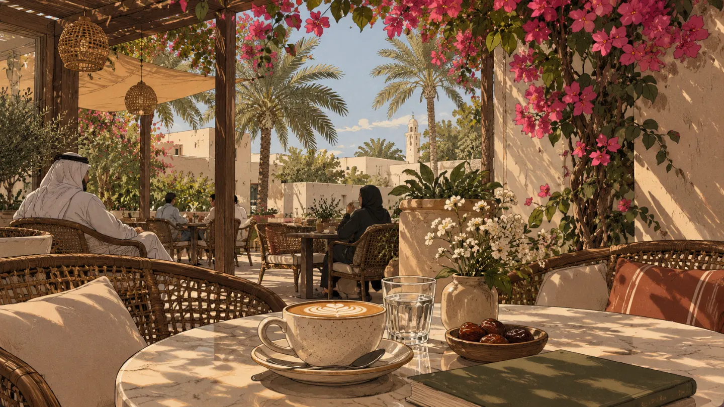 The shaded terrace in the morning, under bougainvillea