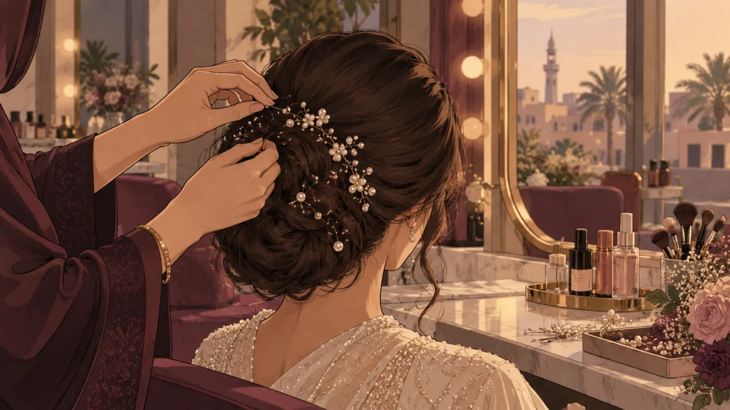 A stylist pinning pearls into a bride's hair