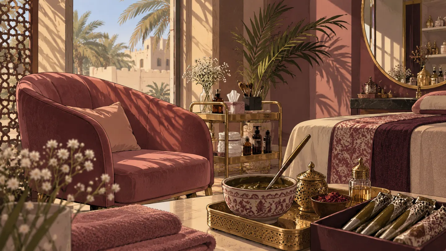 The private henna room with a velvet chair and a tray of henna