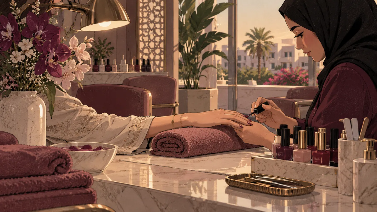 A manicurist painting a client's nails a deep red
