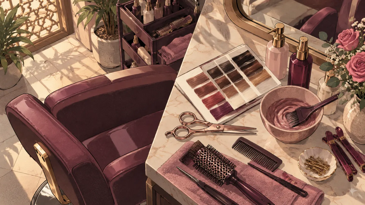 A styling station with colour swatches, brushes and a mixing bowl