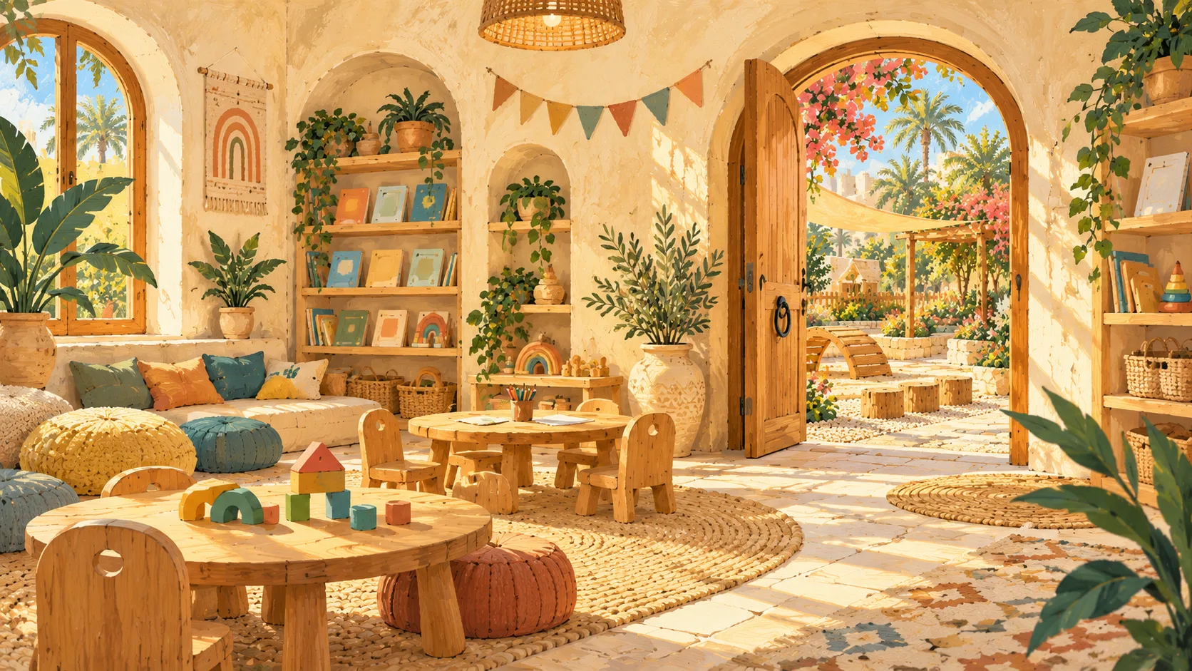 The sunny classroom with round tables, wooden blocks and floor cushions