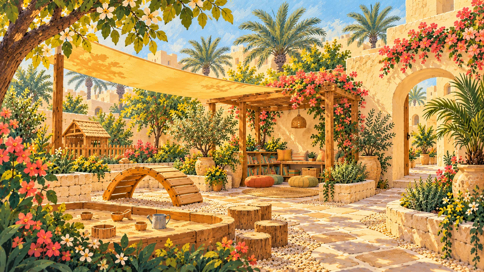 The shaded garden with a balance bridge, a playhouse and a reading corner