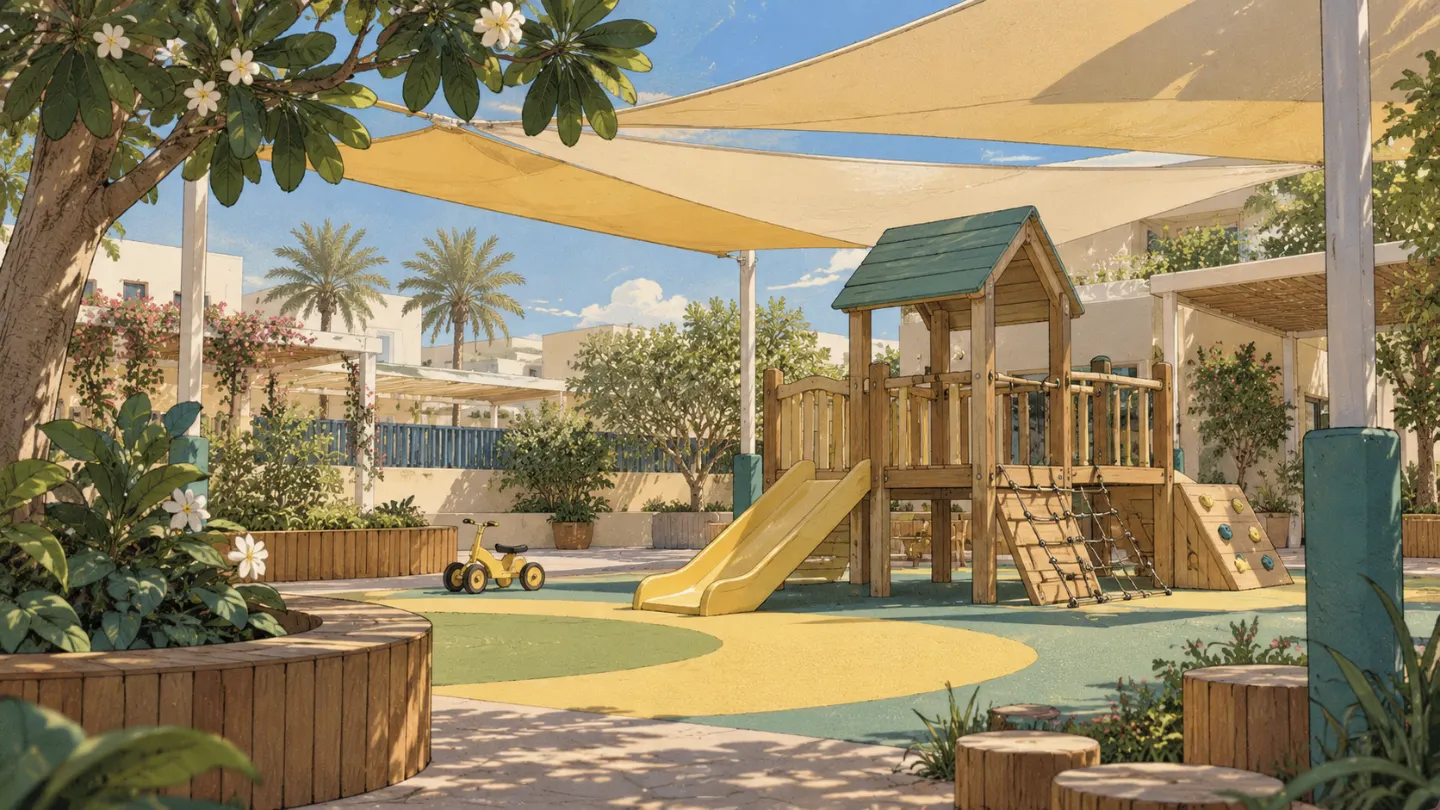 The garden under shade sails, with a climbing frame and a slide