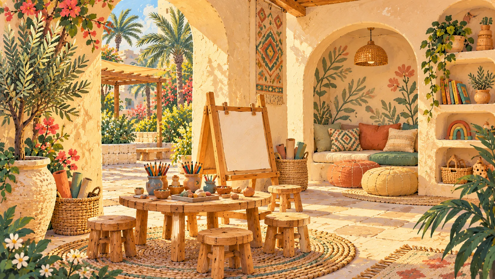 The reading nook and craft table under an arch, with easels and pencils
